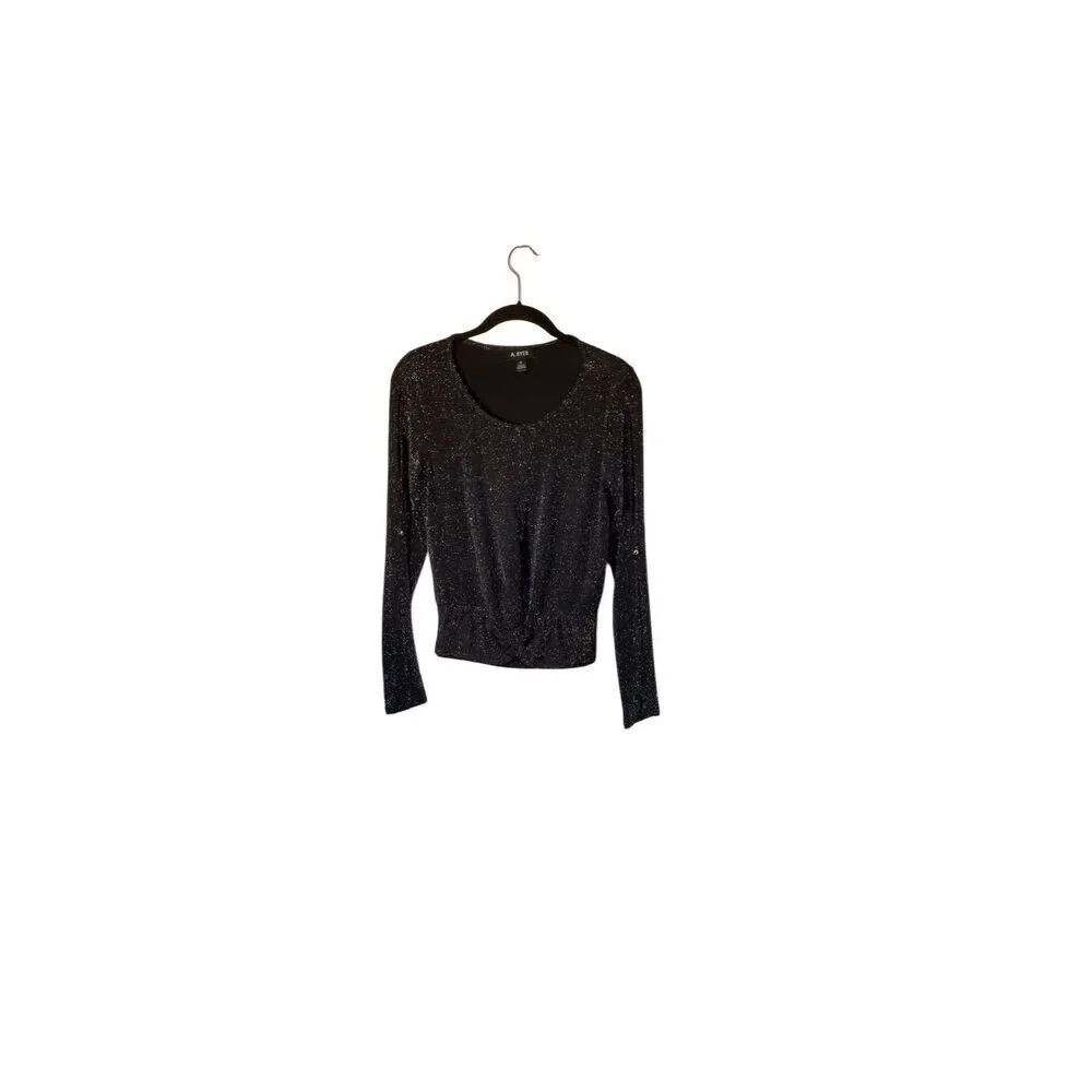 A. Byer women’s black shimmery, open shoulder, silver metallic thread top M